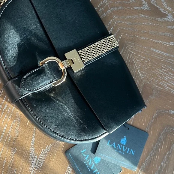 LANVIN Lamb Leather Crossbody Bag Logo Chain Trim & Strap Magnetic Flap - Picture 12 of 17